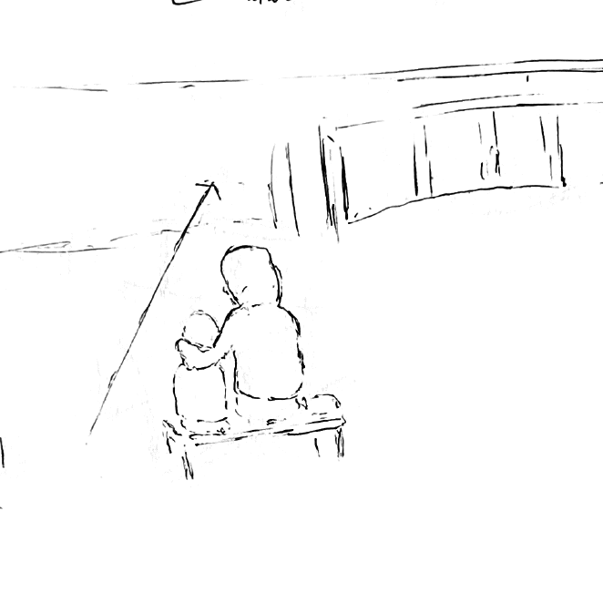 A man and his child waiting for something. The target is on the arrow point. The perspective is absolutely consistent with the real situation, see the video clip.